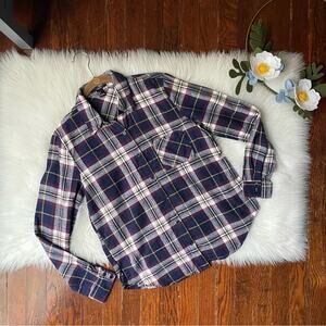 Women’s Plaid Flannel Shirt Button Up Navy & Mustard